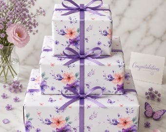 Watercolor Pink Purple Floral Wrapping Paper | Floral Gift Wrap Roll