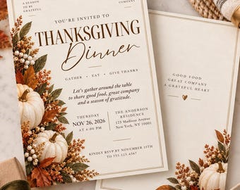 Elegante invito per la cena del Ringraziamento / Invito modificabile in Canva 5x7 / Invito per la festa del Ringraziamento autunnale con zucche TI15