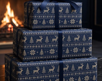 Navy Blue Nordic Reindeer Snowflake Wrapping Paper | Holiday Gift Wrap Roll