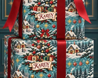 Personalized Vintage Christmas Wrapping Paper, Custom Name Winter Village Gift Wrap, Blue Holiday Wrapping Paper