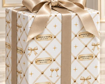 Personalized Wedding Wrapping Paper, Custom Names and Date Gift Wrap, Elegant Ivory Gold Wedding Paper, Champagne Bow Bridal Gift Wrap