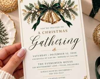 Editable Christmas Invitation Template | Elegant Green & Gold Holiday Dinner Invite | Christmas Gathering Invitation | Canva Template, CI3