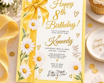 Invito di compleanno modificabile per bambina di 8 anni, invito di compleanno con margherite gialle, modello Canva personalizzabile, invito per festa di compleanno a tema sole BGI16