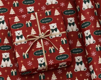 Personalized Polar Bear Christmas Wrapping Paper, Custom Name Gift Wrap, Red Kids Holiday Wrapping Paper, Cute Luxury Christmas Gift Wrap