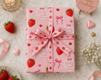 A Berry Sweet Birthday Strawberry Hearts Wrapping Paper | Pink Patterns