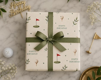 Golf Happy Birthday Botanical Seeds and Leaves Wrapping Paper | Floral Birthday Gift Wrap