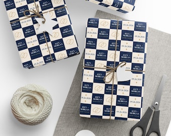 Personalized Wedding Wrapping Paper, Custom Couple Names and Date Gift Wrap, Navy Blue Ivory Gold Wedding Paper, Engagement Gift Wrap