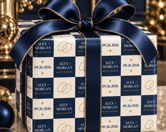 Personalized Wedding Wrapping Paper, Custom Couple Names and Date Gift Wrap, Navy Blue Ivory Gold Wedding Paper, Engagement Gift Wrap