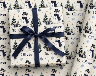 Personalized Snowman Christmas Wrapping Paper, Custom Name Gift Wrap, Navy Blue Holiday Paper, Kids Christmas Gift Wrap | Holiday Snowflakes