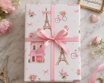 Parisian Pink Floral Illustration Wrapping Paper | Eiffel Tower Gift Wrap Roll