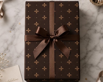 Gold Fleur Pattern Wrapping Paper | Brown Luxury Floral Holiday Wrap