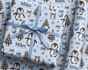 Personalized Baby’s First Christmas Wrapping Paper, Custom Name Penguin Gift Wrap, Blue Holiday Paper, Baby Boy Christmas Gift