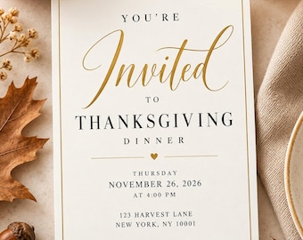 Modello di invito modificabile per la cena del Ringraziamento / Elegante invito oro e nero 5x7 / Modello Canva per la festa del Ringraziamento TI7