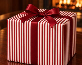 Puede incluir: Una caja de regalo cuadrada envuelta en papel blanco con finas rayas verticales rojas. La caja está atada con una cinta de satén ancha de color rojo oscuro que forma un lazo grande y simétrico en la parte superior central y ordenada.