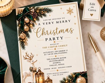 Editable Christmas Invitation Template, Elegant Green & Gold Holiday Invite, Luxury Christmas Dinner Party Invitation, Canva Template CI6