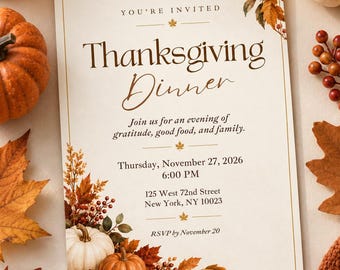 Modello di invito per la cena del Ringraziamento, elegante invito per una cena autunnale, invito del Ringraziamento modificabile su Canva, invito per il Ringraziamento autunnale tra amici TI6
