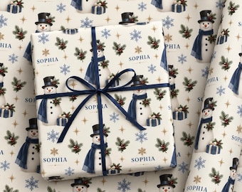 Personalized Snowman Christmas Wrapping Paper with Name, Custom Winter Holiday Gift Wrap