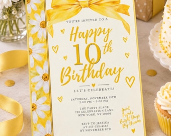 Invito di compleanno modificabile con margherite gialle per il decimo compleanno, invito di compleanno per bambina, modello per festa di compleanno floreale e solare, invito Canva BGI10