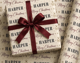 Personalized Christmas Wrapping Paper with Name, Burgundy and Gold Holiday Gift Wrap