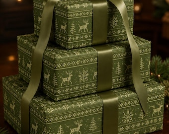 Nordic Reindeer Pattern Wrapping Paper | Olive Green Holiday Wrap