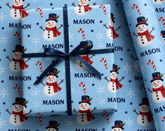 Personalized Snowman Christmas Wrapping Paper, Custom Name Gift Wrap for Kids, Blue Candy Cane Holiday Wrapping Paper