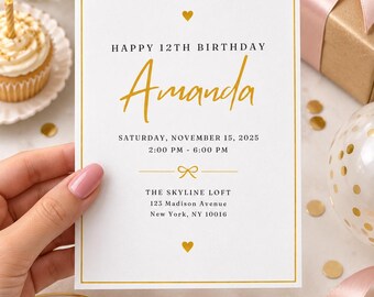 Modello di invito per il 12° compleanno modificabile, elegante invito di compleanno dorato, invito personalizzato per la festa di compleanno di una ragazza, modello Canva BGI21