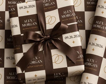 Personalized Wedding Wrapping Paper, Custom Couple Names and Date Gift Wrap, Modern Checkerboard Bridal Shower or Engagement Paper