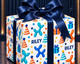 Personalized Birthday Wrapping Paper with Name, Balloon Dog Gift Wrap, Colorful Kids Birthday Paper, Custom Boy or Girl Gift Wrap