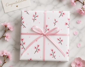 Cherry Blossom Branch Wrapping Paper | Floral Gift Wrap Roll, Pink Sakura Pattern Baby Shower, Bridal Shower