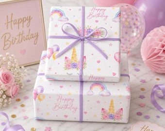 Unicorn Watercolor Pattern Wrapping Paper | Pastel Stars Hearts Floral Happy Birthday
