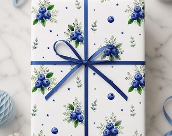 Blue Watercolor Blueberry Pattern Wrapping Papers | Floral Holiday Gift Wrap Baby Shower or Bridal