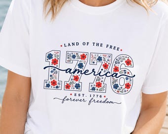 America floral 1776 USA Comfort Colors Shirt, Family shirts, Vintage Patriotic Graphic Tee, American Shirt, 4th of July Shirt, kids t shirt