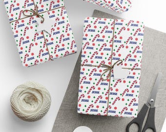 Personalized Christmas Wrapping Paper with Name, Candy Cane Gift Wrap, Custom Holiday Wrapping Paper, Kids Christmas Gift Wrap