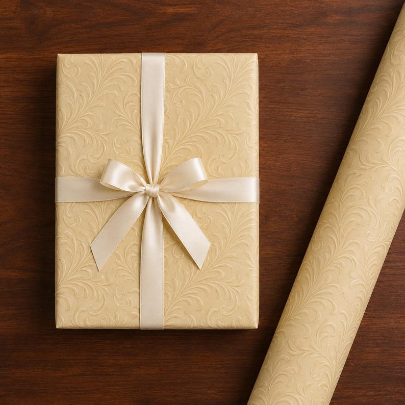 May include: A rectangular gift box wrapped in light beige paper with an embossed swirling leaf pattern, tied with a smooth cream-colored satin ribbon bow, accompanied by a matching roll of the same patterned wrapping paper.