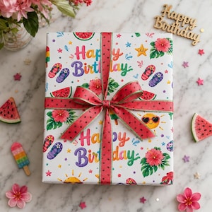 May include: A wrapped gift with a white background, decorated with colorful summer-themed illustrations, including watermelon slices, flip-flops, and flowers. The gift is tied with a red ribbon featuring a watermelon rind pattern and the words "Happy Birthday".