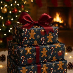 Może przedstawiać: Trzy ułożone w stos prezenty świąteczne, zapakowane w granatowy papier z piernikowymi ludzikami, cukrowymi laskami i płatkami śniegu. Każdy prezent jest przewiązany bordową wstążką i zwieńczony dużą kokardą.