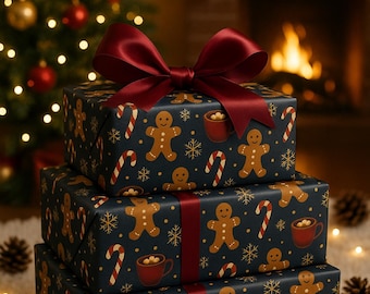 Gingerbread and Candy Cane Pattern Wrapping Paper | Holiday Cookie Motif
