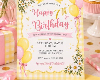 Modello di invito per il 7° compleanno modificabile, invito di compleanno con margherite gialle e rosa, invito per festa di compleanno per bambina, Canva modificabile 5x7 BGI15