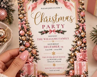 Modèle d'invitation rose pour une fête de Noël | Invitation rose poudré et or pour les fêtes | Élégant dîner de Noël | Invitation Canva modifiable
