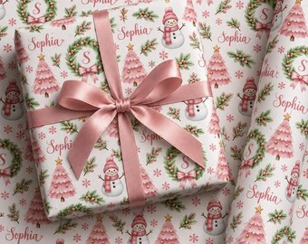 Personalized Pink Christmas Wrapping Paper, Custom Name Gift Wrap for Girls, Snowman and Pink Tree Holiday Paper
