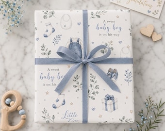 Een lief babyjongetje op komst Babyshower blauwe aquarel babypictogrammen cadeaupapier | Babydouche