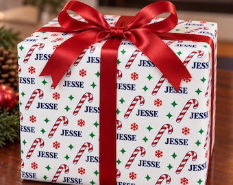 Personalized Christmas Wrapping Paper with Name, Candy Cane Gift Wrap, Custom Holiday Wrapping Paper, Kids Christmas Gift Wrap