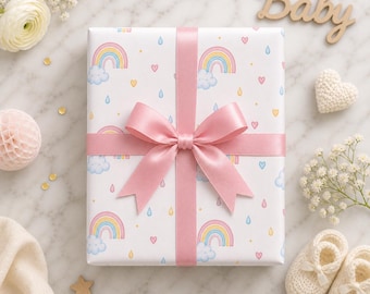 Pastel Rainbows Pattern Wrapping Paper | Cute Clouds, Hearts, Raindrops Baby Shower or Birthday