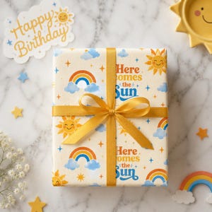 Here Comes the Sun wrapping paper | Baby shower  Sunshine rainbow floral pattern