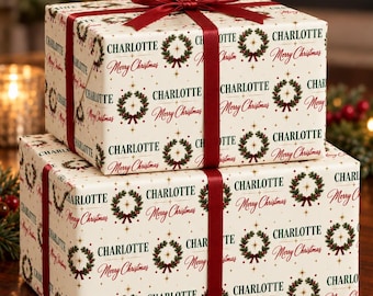 Personalized Christmas Wrapping Paper with Name, Holiday Wreath Gift Wrap, Custom Family Christmas Paper, Elegant Red and Green Wrap