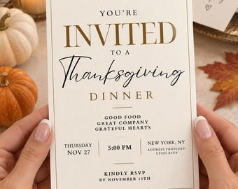 Elegante modello di invito per la cena del Ringraziamento / Invito modificabile su Canva / Invito moderno e minimalista per il Ringraziamento tra amici / Download immediato, TI9