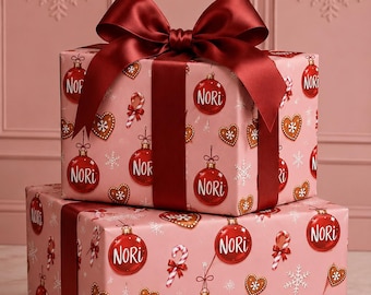 Personalized Christmas Wrapping Paper with Name, Pink Gingerbread and Ornament Gift Wrap. Customize Christmas Wrapping