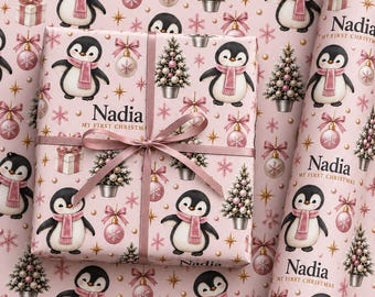 Personalized Babys First Christmas Wrapping Paper, Pink Penguin Custom Name Gift Wrap