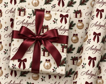 Personalized Christmas Wrapping Paper, Custom Name Gift Wrap, Burgundy Gold Holiday Paper, Elegant Ornament Christmas Gift Wrap