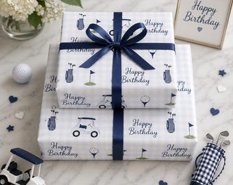 Happy Birthday Golf Pattern Wrapping Paper | Blue Gingham Illustration